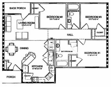 Three Bedroom / Two Bath - 1,242 Sq. Ft.*